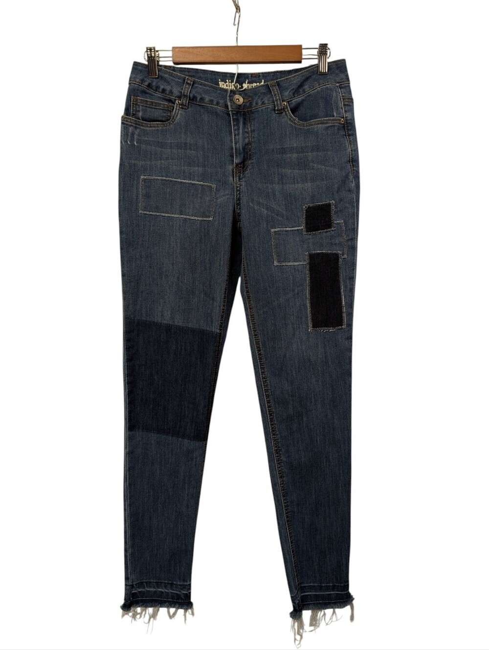 Indigo Thread Co Patchwork Jeans Size 6 Dark Wash Distressed Frayed Hem Skinny
